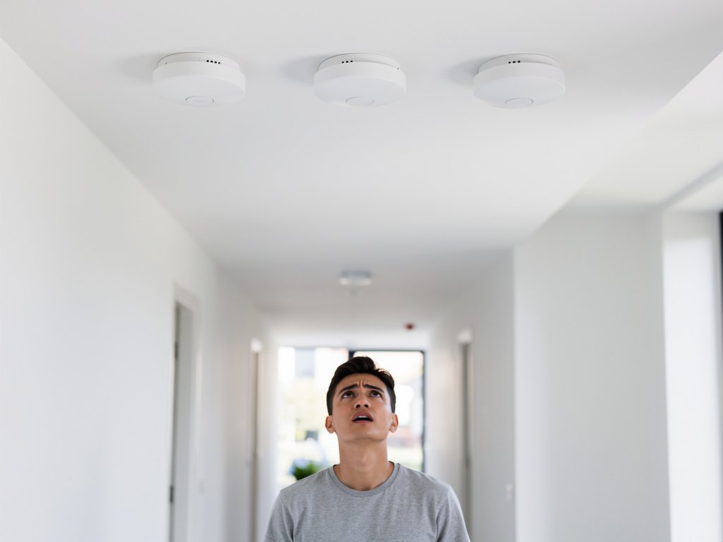 Three interconnected smoke detectors on a hallway ceiling — which one is the source of the chirping?