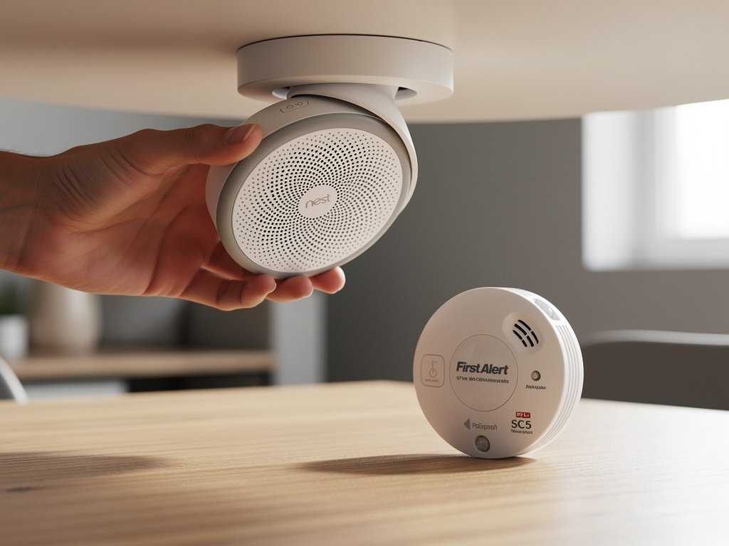 A Nest Protect smoke detector being removed from its ceiling mount with a First Alert SC5 replacement on the table below