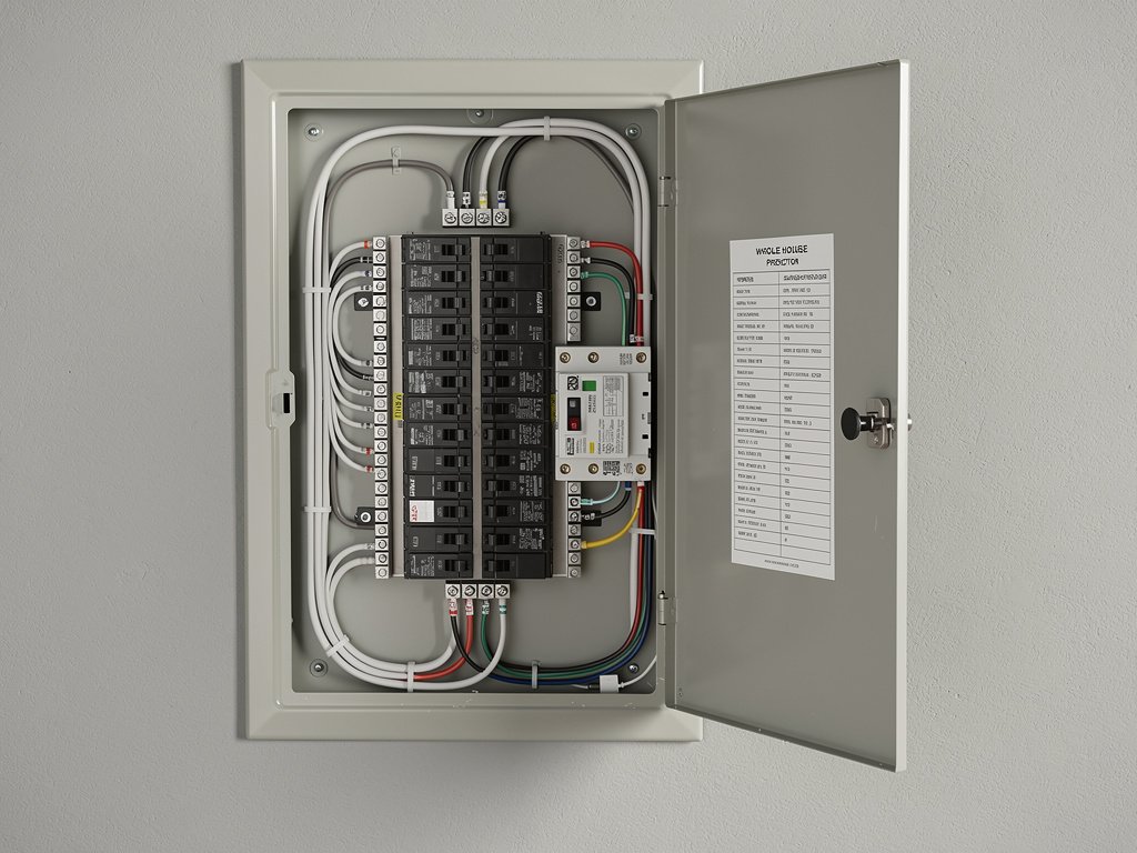 A whole-house surge protector installed at the electrical panel to protect smoke detectors from lightning damage