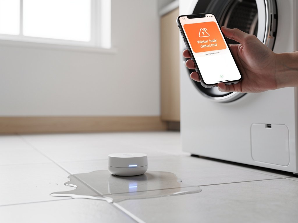 A smart water leak detector sending a phone alert notification when water is detected