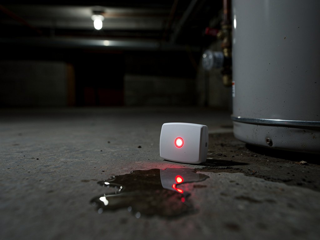 A water leak detector on a basement floor detecting water near a water heater